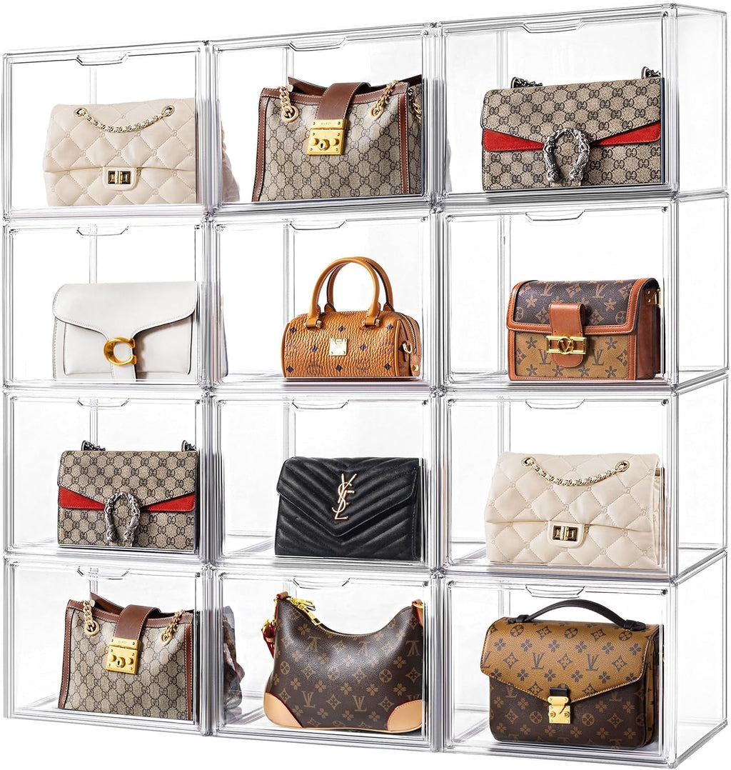 HBlife 12 Pack Purse Storage Organizer for Closet, Large Clear Stackable Handbag Display Case Box with Magnetic Door for Collectibles, Cosmetics, Women Heels and Toys