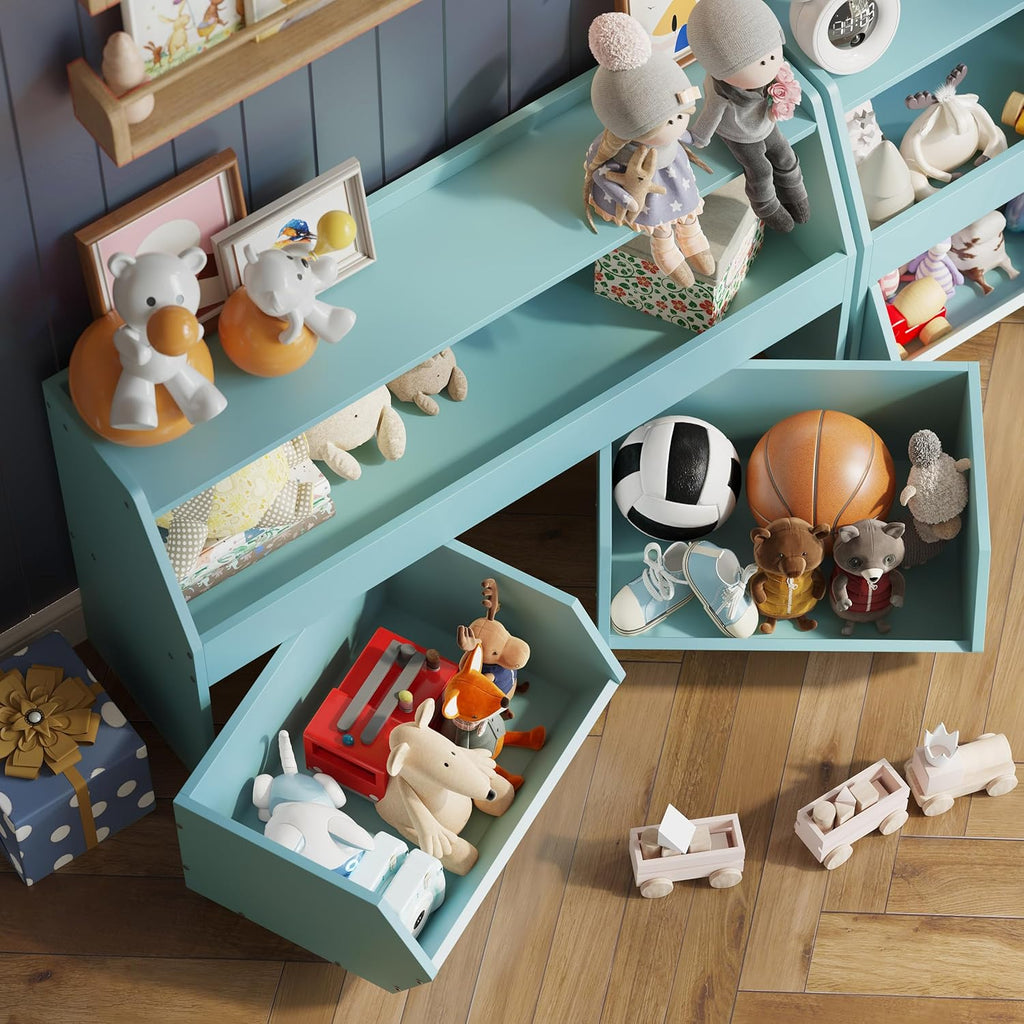 Toy Storage Organizer for Kids, Toy Storage Cabinet with Drawers, Boys and Girls Toy Shelf with Wheels, Toy Organizer Kids Bookshelf with Storage for Nursery, Playroom, Bedroom (Blue)