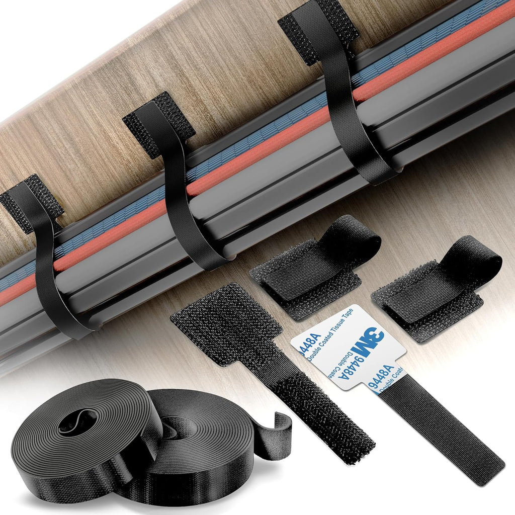 Cable Management Kit – 40 Self-Adhesive Hook and Loop Ties with 2 Extension Straps – Made with 3M Tape, Back-Sticky Cord Organizer for Under Desk, Wall, Home, Office – Adjustable Wire Holders (Black)