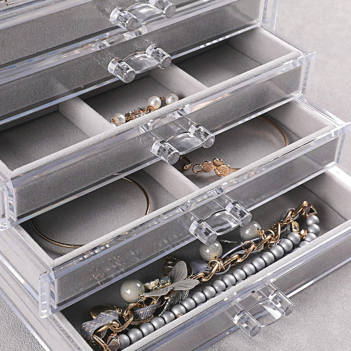 Frebeauty Extra Large Acrylic Jewelry Box for Women 5 Layers Clear Jewelry Organizer Velvet Earring Box with 5 Drawers Rings Display Case Necklaces Holder Tray for Women Girls (Grey)