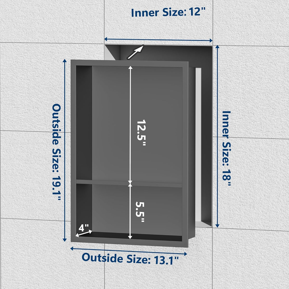 Stainless Steel Shower Niche 18" X 12", No Tile Needed Wall Niche Double Shelves, Recessed Niche Shower for Bathroom Storage, Gun Metal