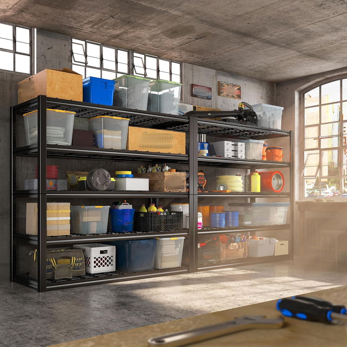 REIBII 48.2''W Garage Shelving Heavy Duty Metal Shelving 3000LBS Storage Shelves Adjustable Metal Shelves Industrial 5 Tier Garage Shelf for Basement Pantry Warehouse Supermarket, 2 Pack
