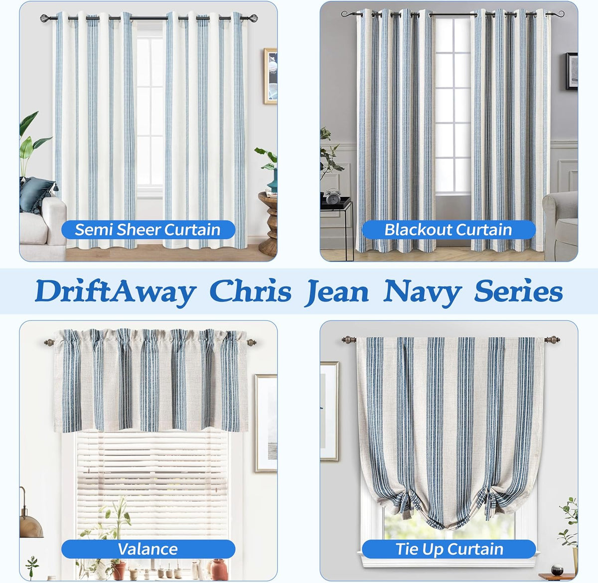 DriftAway Chris Double Layer Blackout Tie Up Curtains Thermal Insulated Fully Lined Vertical Striped Balloon Roman Shade Bathroom Window Adjustable Rod Pocket 39 Inch by 55 Inch Jean Navy
