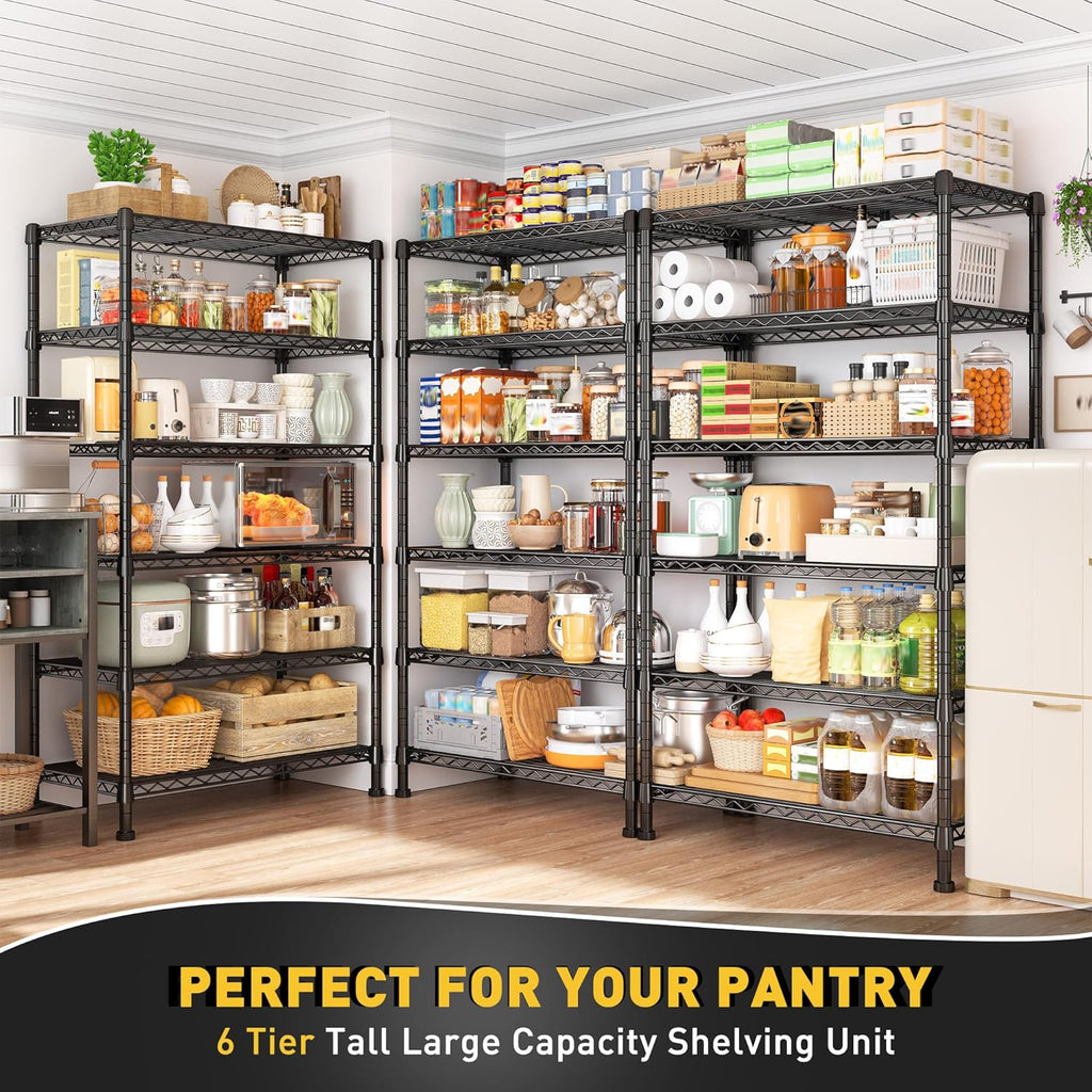 REIBII 6-Tier Storage Shelves Metal Shelving for Storage Load 1000 LBS,Wire Shelves Heavy Duty Shelving Unit Adjustable Pantry Shelf Bathroom Kitchen Garage 24" W x 14" D x 71" H, Black