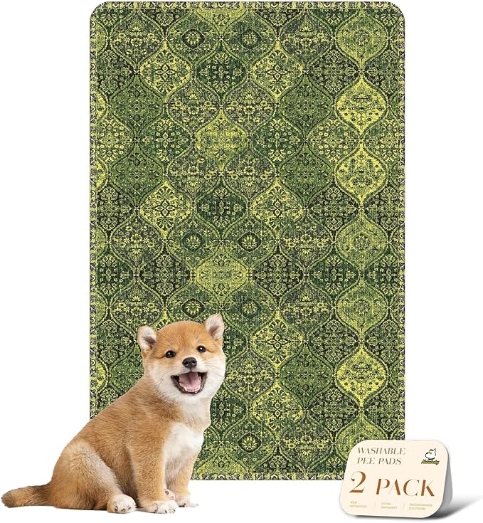 nunubaby Washable Pee Pads for Dogs, Stylish, Non-Slip and Leak-Proof Pee Pads. Reusable Potty Pads for Dogs for Crates and Floors.(Green/Multi, 24" x36" )