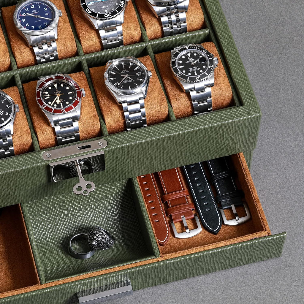 ROTHWELL 10-Slot Watch Box in Leather with Valet Drawer, Luxury Watch Case Display Organizer with Ultra Soft Microsuede Liner, Jewelry and Sunglass Holder With Large Glass top (Green/Tan)