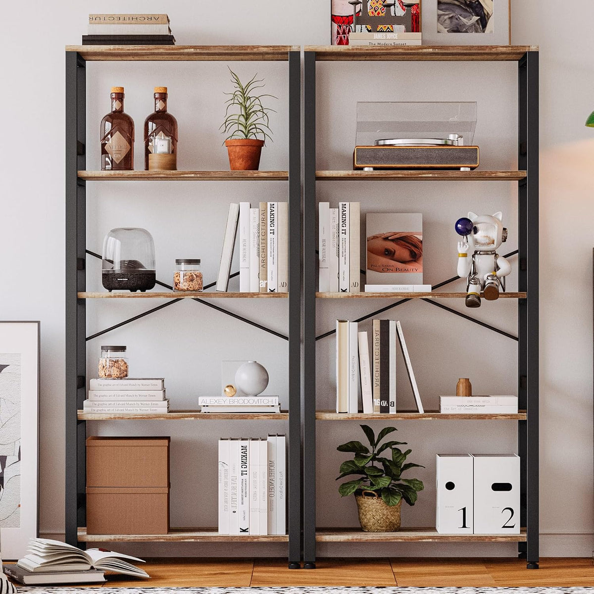 IRONCK Bookshelves and Bookcases, 31.5in Wide Shelf 5-Tier Ladder Shelf 110lbs/shelf Vintage Industrial Style Bookcase for Bedroom Living Room Home, Rustics Brown