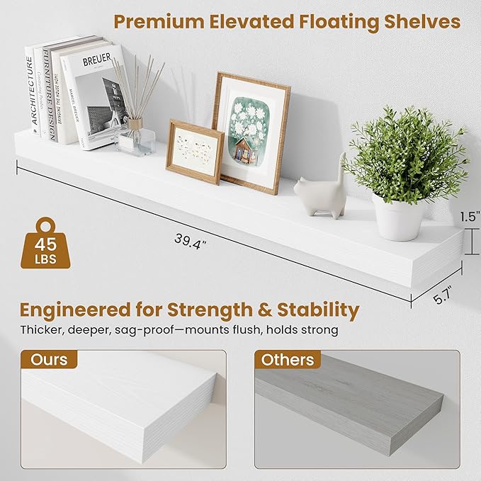 Fun Memories 40 Inch Floating Shelves, Long Wood Wall Shelf Set of 2