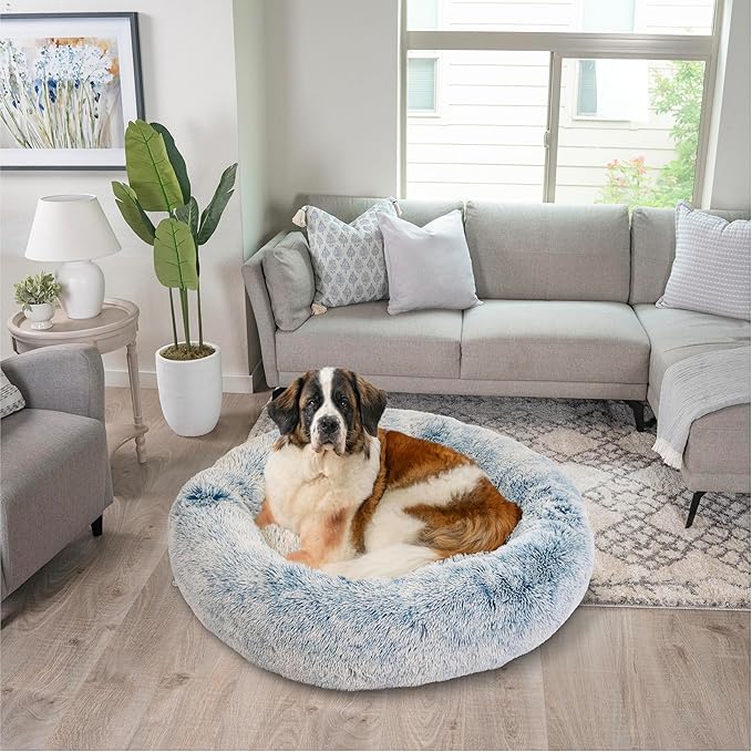 Best Friends by Sheri Original Calming Donut Dog and Cat Bed, Shag Faux Fur, Denim Blue, XL (45in x 45in) - Anxiety Relief for Pets Up to 150 lbs
