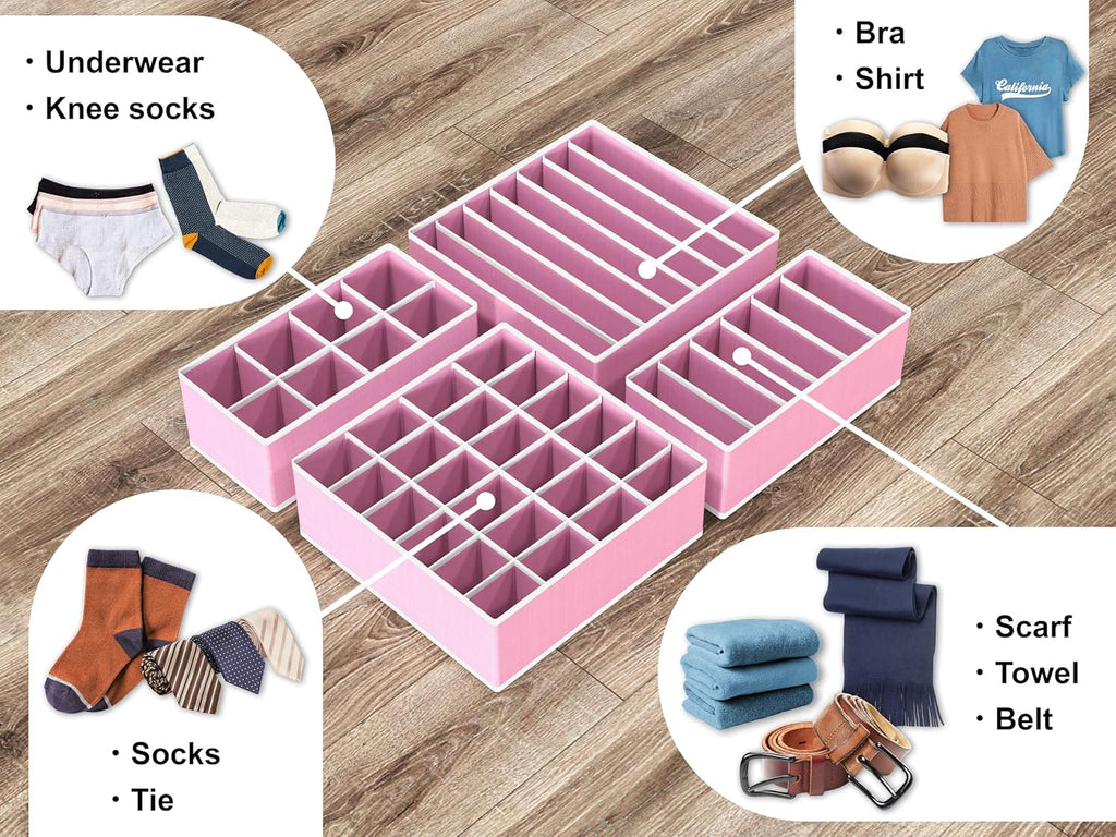 Simple Houseware 4-Pack Drawer Organizer Set - Closet Dividers for Underwear, Socks, Bras, Scarves, Ties - Foldable Non-Woven Storage Boxes, Pink