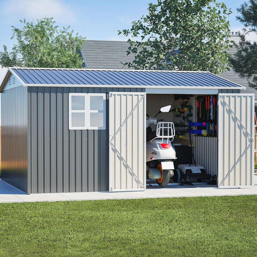 10X12 FT Outdoor Storage Shed Heavy-Duty Metal Sheds & Outdoor Storage with Floor Frame, Rustic Style Window and Lockable Doors Bright and Spacious Tool Sheds for Backyard Garden Patio Lawn, Gray