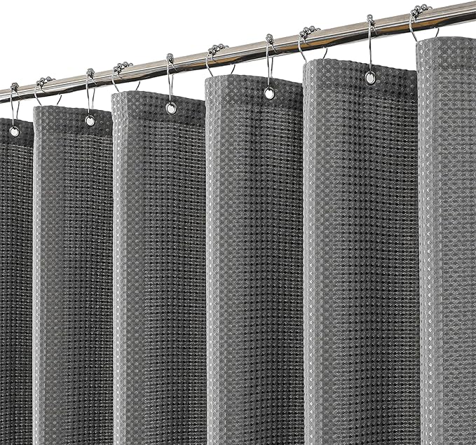 meioro Grey Shower Curtain, Waffle Weave 256GSM Heavy Duty Textured Fabric Shower Curtains for Bathroom Hotel Spa, Luxury Weighted Polyester Cloth Bath Curtain Set with 12 Hooks, 72Wx96H