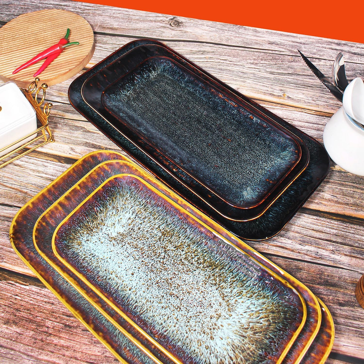 Porcelain Dinner Plates Platters Set of 2, for Fruit, dessert, snack platter, Bread, cupcake, Salad - Microwave, Dishwasher Safe, Scratch Resistant durable, Black Reactive glaze