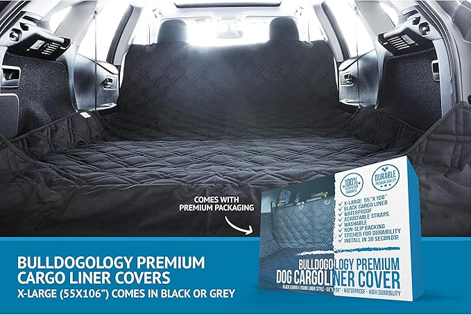 Bulldogology SUV Cargo Liner for Dogs 55"x106" Heavy Duty Pet Trunk Cargo Cover - Dog Car Seat Cover Waterproof Nonslip - Dog Hair, Muddy Paws, Scratches Cover Protector for Cars Vans (X-Large, Black)