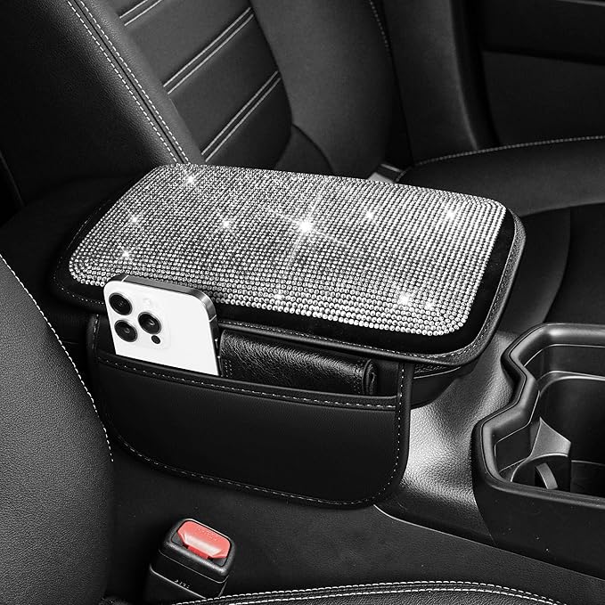 Center Console Cover Fit for Passport: Upgraded Diamond Auto Middle Console Cover - Crystal Rhinestone Armrest Cover for Car with 2 Storage Bags,Anti-Scratch Auto Armrest Pad Accessory （Black