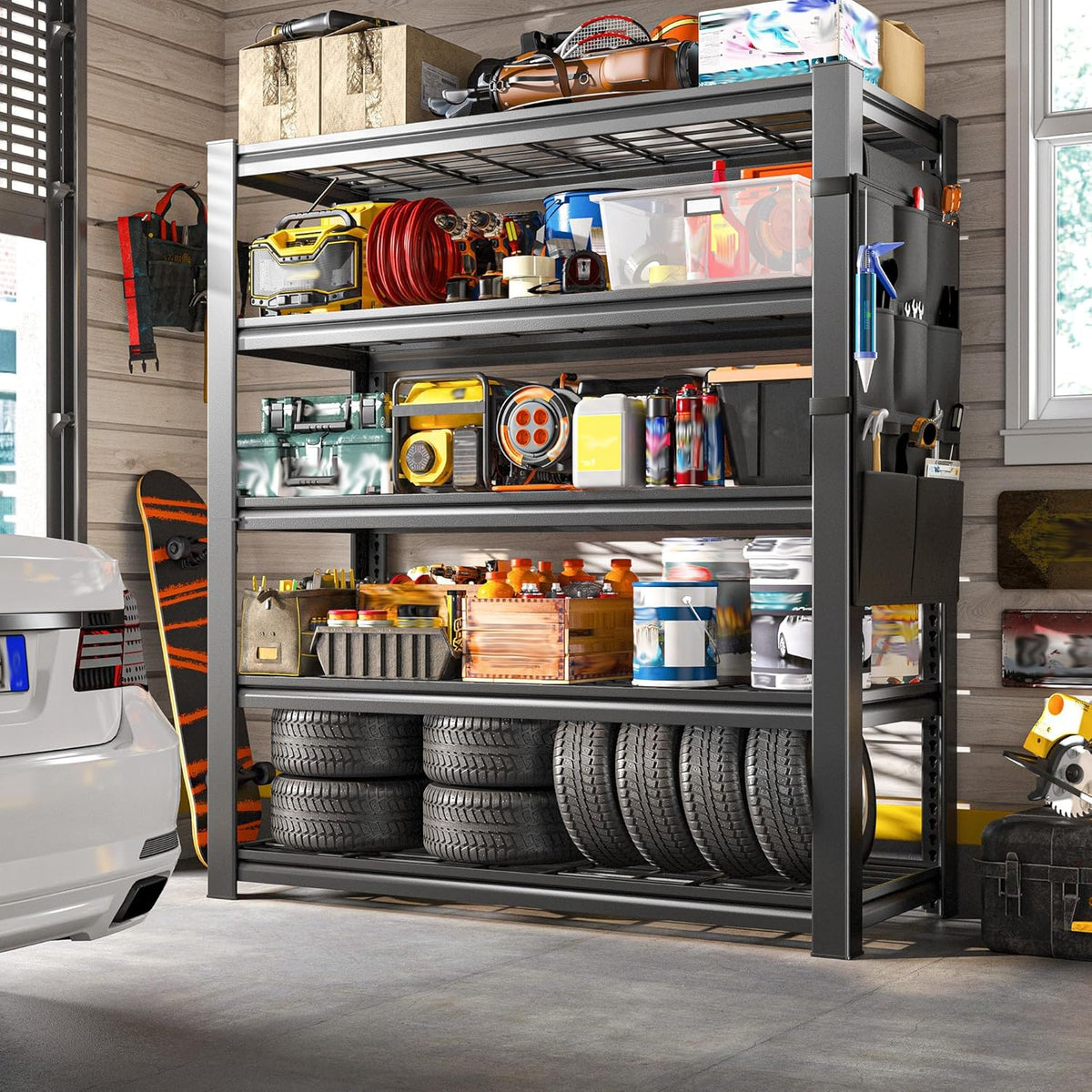 REIBII Storage Shelves, Heavy Duty Garage Shelving Load 2500LBS, 5-Tier Garage Shelves with Tool Storage Bag, Adjustable Industrial Metal Shelving for Basement, 66" H x38.2 W x16 D, Black