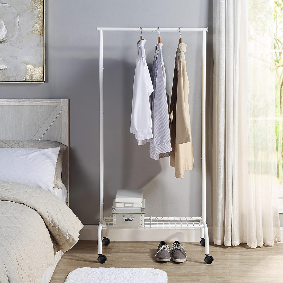 SunnyPoint Rolling Garment Rack with Shelf – Heavy-Duty Metal Clothing Rack on Wheels, 64.9” Tall Clothes Organizer with Bottom Storage, White