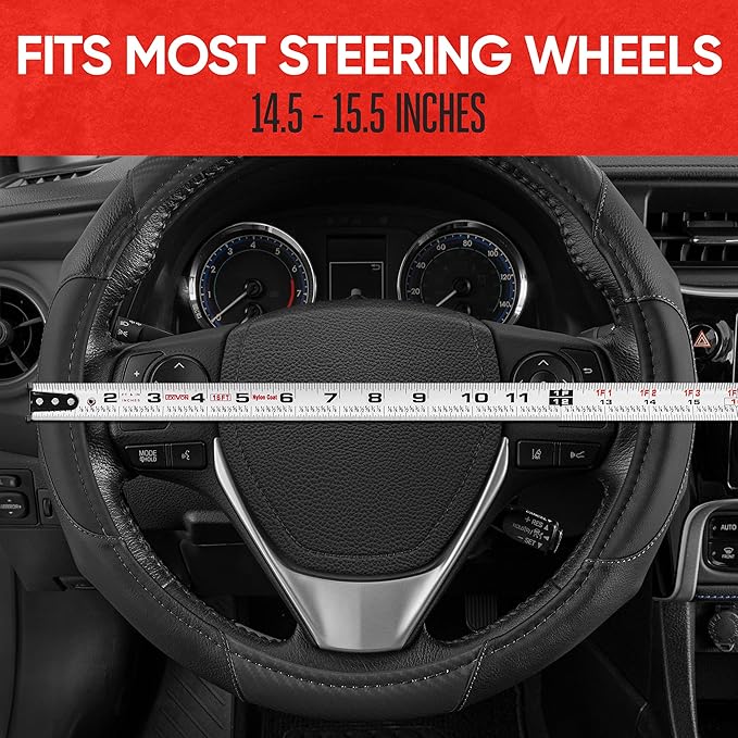 Motor Trend GripDrive Carbon Fiber Steering Wheel Cover, Non-Slip Sporty Racing Faux Leather Ergonomic Comfortable Handle, Steering Wheel Cover for Cars Trucks Vans SUV - Fits Standard 15 Inch - Black