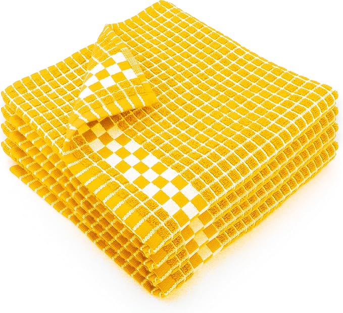 Fecido Classic Dark Kitchen Dish Towels with Hanging Loop - Heavy Duty Absorbent Dish Clothes - European Made 100% Cotton Tea Towels - Set of 4, Yellow
