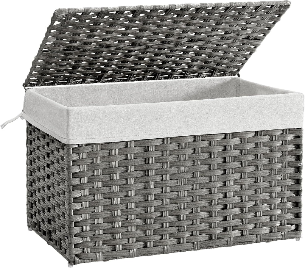 SONGMICS Storage Basket with Lid, Woven Blanket Storage Bin with Handles, Foldable, Removable Liner, Metal Frame, for Bedroom, Laundry Room, 27.7 Gallons (105 L), Gray URST066G01