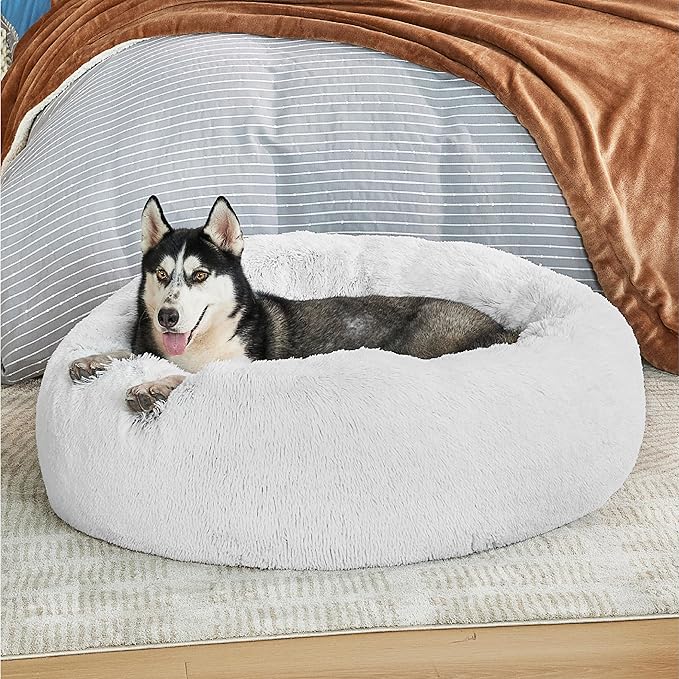 Bedsure Calming Dog Bed for Large Dogs - Donut Washable Large Pet Bed, 36 inches Anti-Slip Round Fluffy Plush Faux Fur Dog Bed, Fits up to 80 lbs Pets, Frost Grey