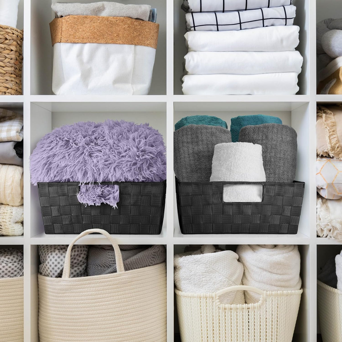 Sorbus Set of 3 Large Woven Storage Baskets – Mesh Hand-Woven Baskets for Organizing, Fabric Storage Bins for Linen Closet Organizer, Storage Baskets for Shelves and Home Organization (Black)