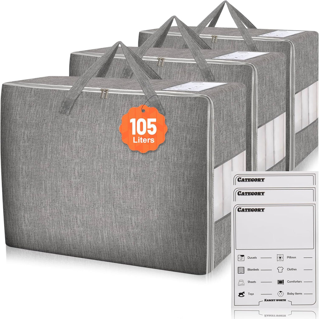 3 Pack 105L Comforter Storage Bags, Extra Large Bedding Storage Bags with Card and Clear Window, Reinforced Handles & Zippers, Foldable Closet Organizers for Blanket Pillow Clothes