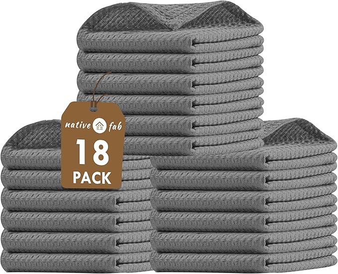 Native Fab Waffle 18 Pack Dish Cloths Set - 100% Cotton, Absorbent, Quick Drying, Washable Towels for Cleaning, Cooking & Baking - Great for Home, Restaurants, Bars & Cafes, 12x12 inches - Grey