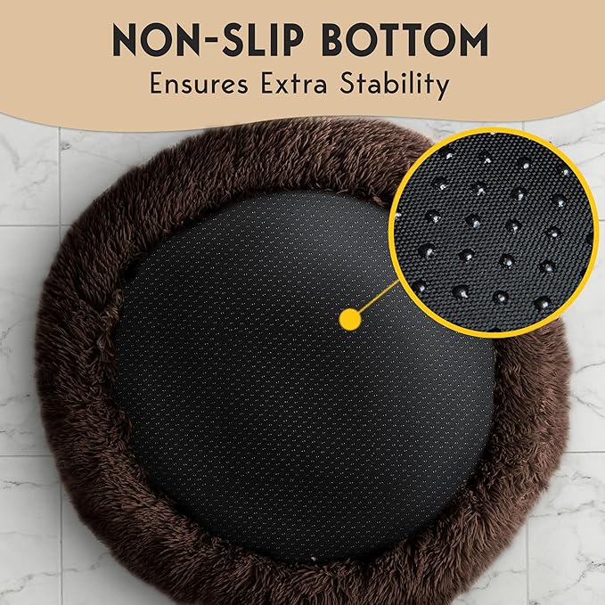 PetJett Calming Dog Bed Medium Size Dog - 30'' Donut Bed, Anti-Slip & Washable Super Soft Fluffy Plush Round Bed, Anti-Anxiety Premium Comfort Pet Bed, Fits Dogs up to 45 lbs - Brown