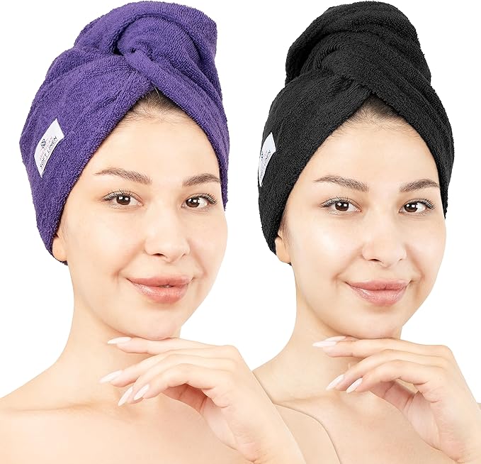 American Soft Linen 100% Cotton Hair Towels for Women, Head Towel Cap, Cotton Hair Turban Towel Wrap for Long Curly Anti Frizz Hair, Soft and Absorbent Cotton Hair Towels 2 Pack, Purple-Black