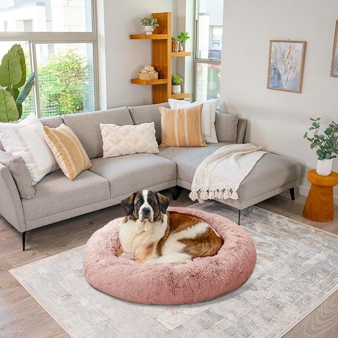 Best Friends by Sheri Original Calming Donut Dog and Cat Bed, Shag Faux Fur, Dusty Rose, XL (45in x 45in) - Anxiety Relief for Pets Up to 150 lbs