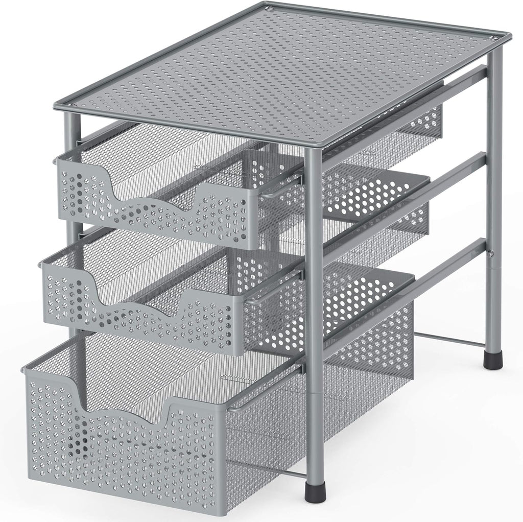 Simple Houseware Stackable 3 Tier Sliding Basket Organizer Drawer, Silver