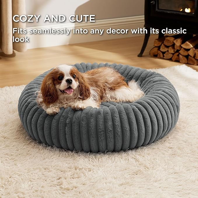 Bedsure Donut Medium Dog Bed - Washable Faux Fur with Corduroy Fleece & Anti Slip Bottom, Round Pet Bed with Removable Cover, Warm Grey, 30x30x8 inches