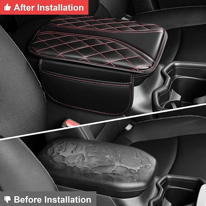 Center Console Cover Fit for Civic: Scratch and Wear Resistant Console Cover Leather with 2 Storage Bags -Upgraded Armrest Coverfor Car,Anti-Scratch Auto Armrest Pad Accessory （Black&Red
