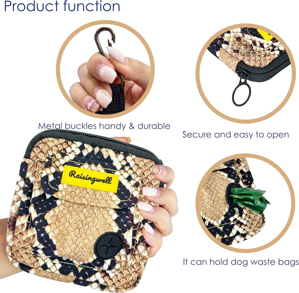 Dog Treat Pouch for Pet Walking and Training with Clicker Poop Bags and Double Bag Design Small Fanny Zipper Pack Holder for Puppy Snack Dispenser Kit for Leash and Outdoor Use Snake Skin