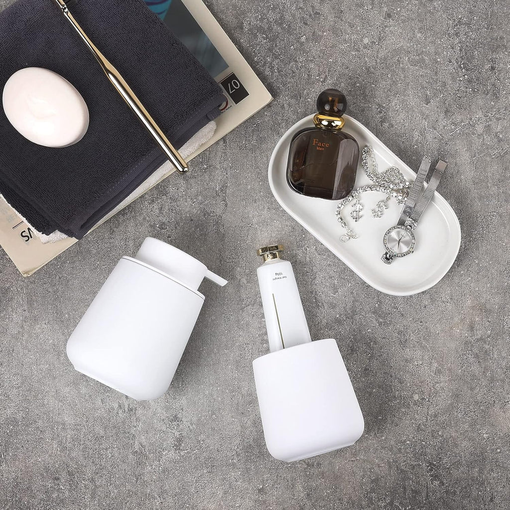 BosilunLife White Bathroom Accessory Set - 3 pcs Ceramic Bathroom Soap Dispenser Set Farmhouse Bathroom Decor Sets Accessories, Soap Dispenser and Toothbrush Holder, Tray (White Set - Liquid Pump)