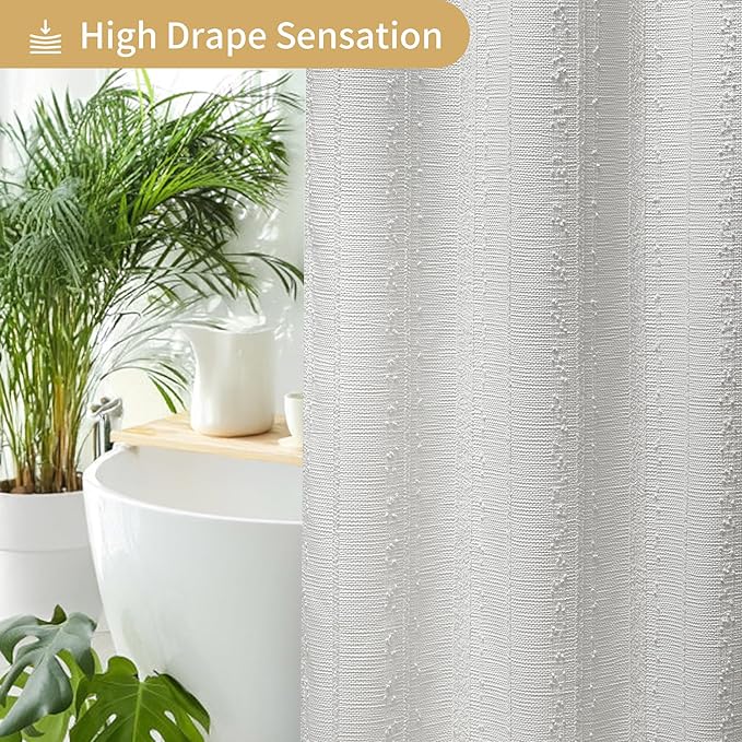 Lameirose Extra Long White Shower Curtain Boho, 72 x 84 Cotton Blend Waffle Weave Stripe Textured Heavy Duty, Fabric Shower Curtain for Bathroom, Hotel, Washable
