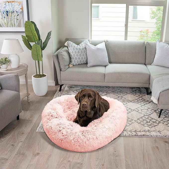Best Friends by Sheri Original Calming Donut Dog and Cat Bed, Shag Faux Fur, Cotton Candy Pink, (36in x 36in) - Anxiety Relief for Pets Up to 100 lbs