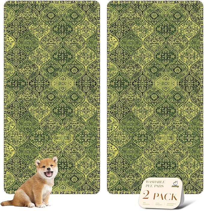nunubaby Washable Pee Pads for Dogs, Stylish, Non-Slip and Leak-Proof Pee Pads. Reusable Potty Pads for Dogs for Crates and Floors.(Green/Multi, 36" x72")