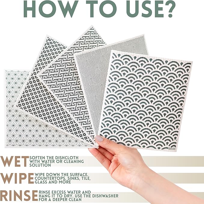 DECEE Swedish dishcloths (Dumbo) 5 Pack Reusable Paper Towels | Washable | Swedish Dish Towels | Non-Scratch Cellulose Sponge Cloths | No Odor, Biodegradable Cleaning Cloths