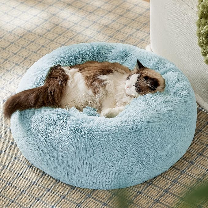 Bedsure Calming Cat Beds for Indoor Cats - Small Cat Bed Washable 20 inches, Anti-Slip Round Fluffy Plush Faux Fur Pet Bed, Fits up to 15 lbs Pets, Aqua Blue