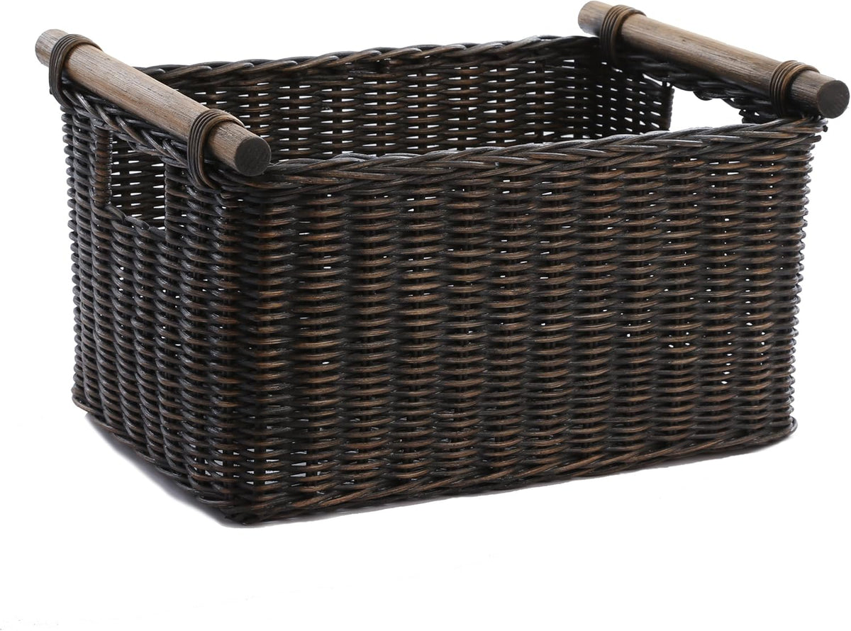 The Basket Lady Pole Handle Wicker Storage Basket, Medium, 16 in L x 12 in W x 8.25 in H, Antique Walnut Brown
