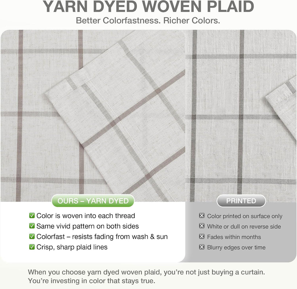 Vision Home Tan Plaid Linen Pinch Pleated Full Tanout Curtains Checkered Thermal Insulated Window Panels 90 inch for Bedroom Living Room Light Blocking Rustic Pleat Drapes with Hooks 40" Wx90 Lx2