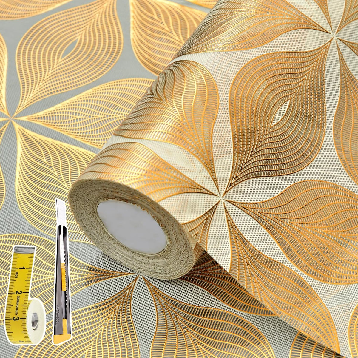 3D Drawer and Shelf Liner for Kitchen Cabinet: 17 in X 30 Ft Waterproof Shelf Paper Non Adhesive Refrigerator Liners Golden Leaf Easy Liners for Bathroom with Knife Tape Measure