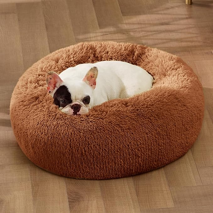 Bedsure Calming Dog Bed for Small Dogs - Donut Washable Small Pet Bed, 23 inches Anti-Slip Round Fluffy Plush Faux Fur Large Cat Bed, Fits up to 25 lbs Pets, Copper