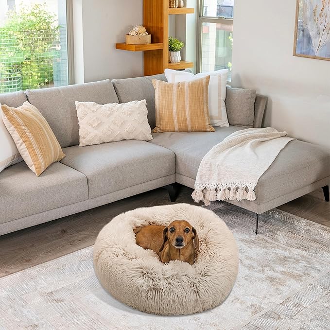 Best Friends by Sheri The Original Calming Donut Dog Bed – Washable Plush Pet Bed for Cats & Small Dogs up to 25 lbs, Shag Faux Fur, Taupe, Small (23" x 23")