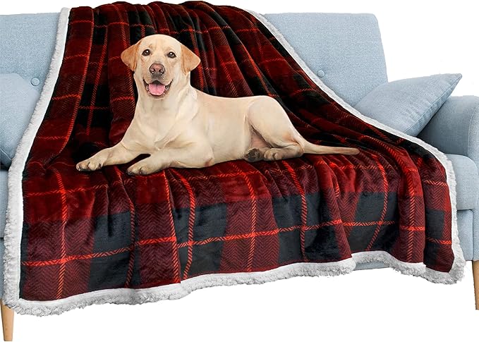 Pavilia Waterproof Blanket for Couch & Sofa | Large Dog & Cat Protector | Plush Soft Sherpa Blanket, Plaid Red, 60x80