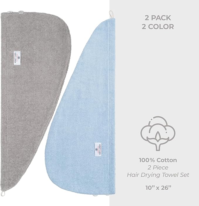 American Soft Linen 100% Cotton Hair Towels for Women, Head Towel Cap, Cotton Hair Turban Towel Wrap, Soft and Absorbent 2 Pack, Light Gray-Sky Blue