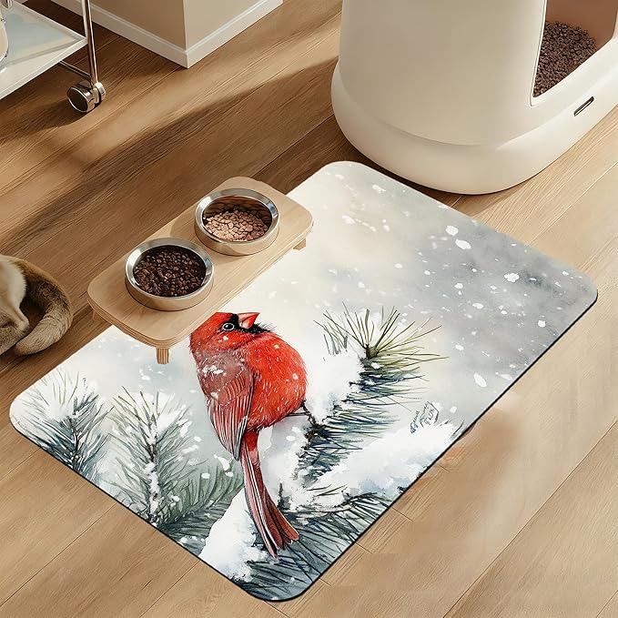 Cardinal Bird Dog Food Mat–Chirstmas Snow Absorbent Quick Dry Feeding Placemat for Food and Water Bowls, Non Slip Rubber Backing, Waterproof Pet Supplies for Mess-Free Eating 16"x24"