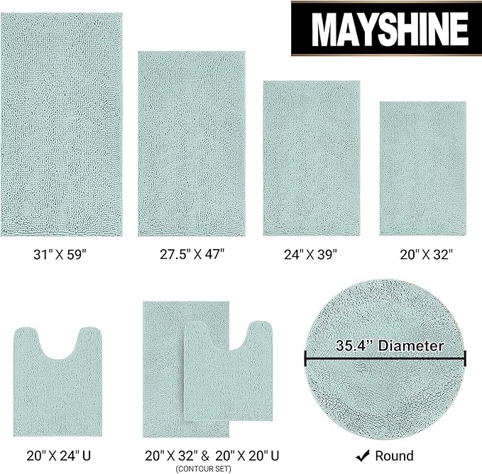 MAYSHINE Round Area Rug Set for Bathroom | Soft Plush Chenille Bath Mat, Water Absorbent Non-Slip Bathroom Rug | Washable Shag Carpet for Shower, Bedroom, or Home Décor | 36"x36" (Round) | Spa Blue